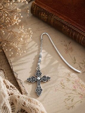 Cross Bookmark, Pearl & Rose Flower Beads, Silver Tone, Book Lover Gift